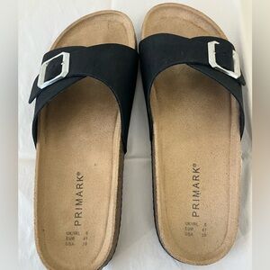 Primark Black Slide Sandals with Adjustable Silver Buckle.